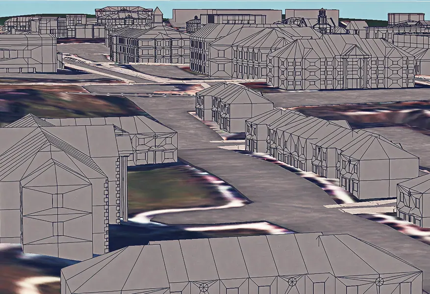 A clay and wireframe render of a Lee University campus building.