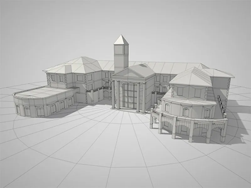 A clay and wireframe render of a Lee University campus building.