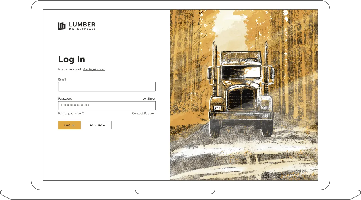 Lumber Marketplace log in screen shown on a laptop.