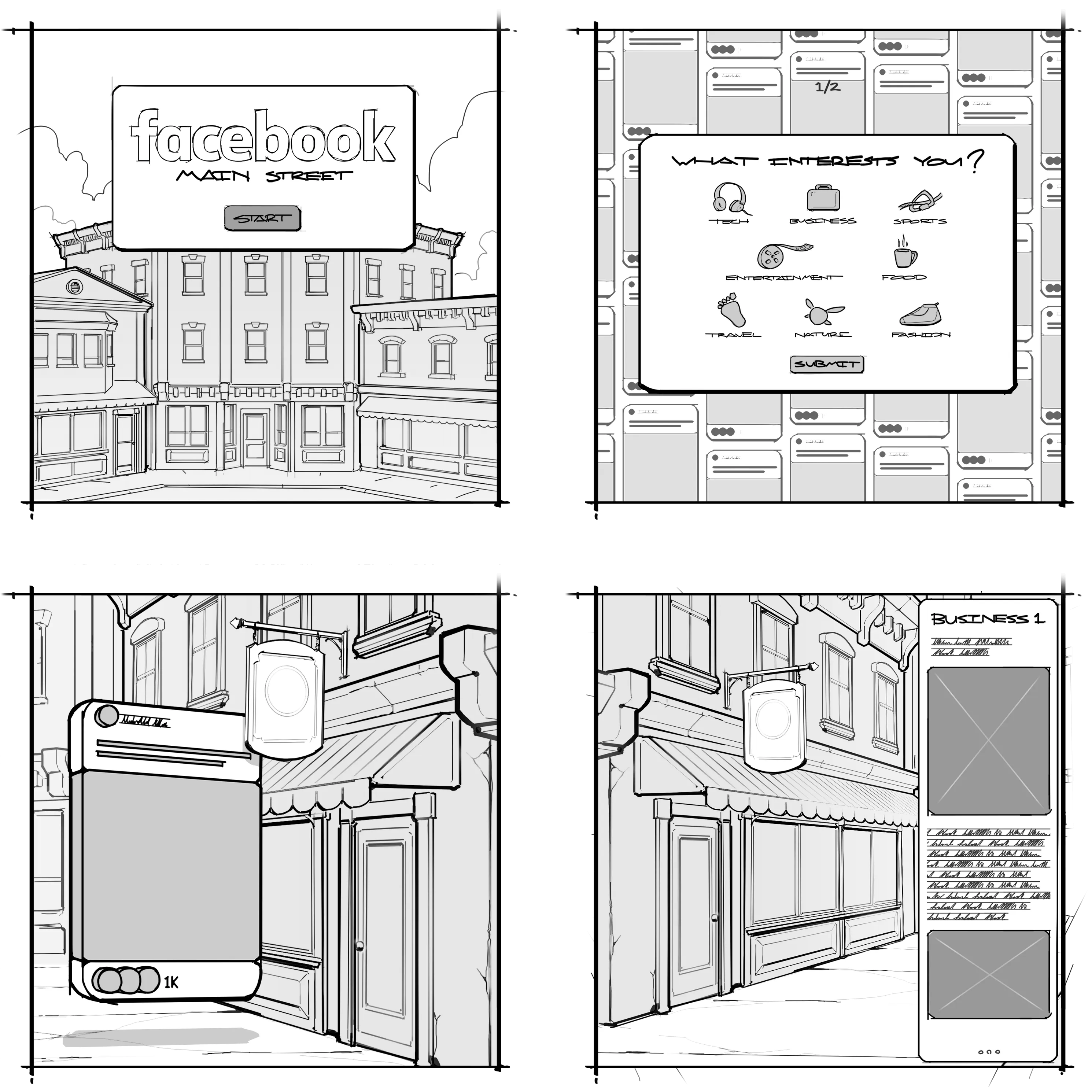 A sheet of four Main Street storyboard studies.