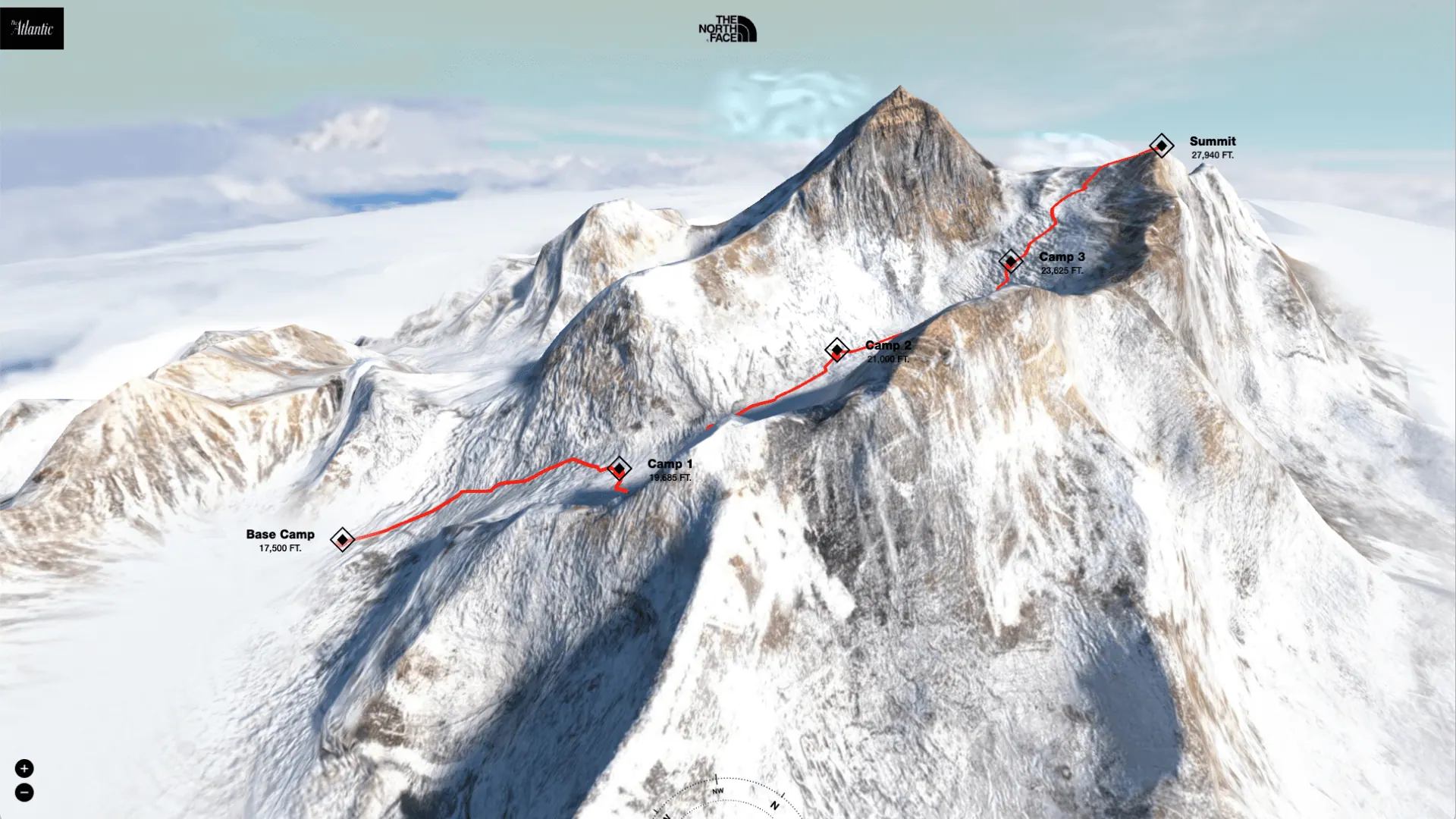 Aerial 3D map of the Lhotse route: the climbing line marked in red, running from base camp up through three high camps to the summit.
