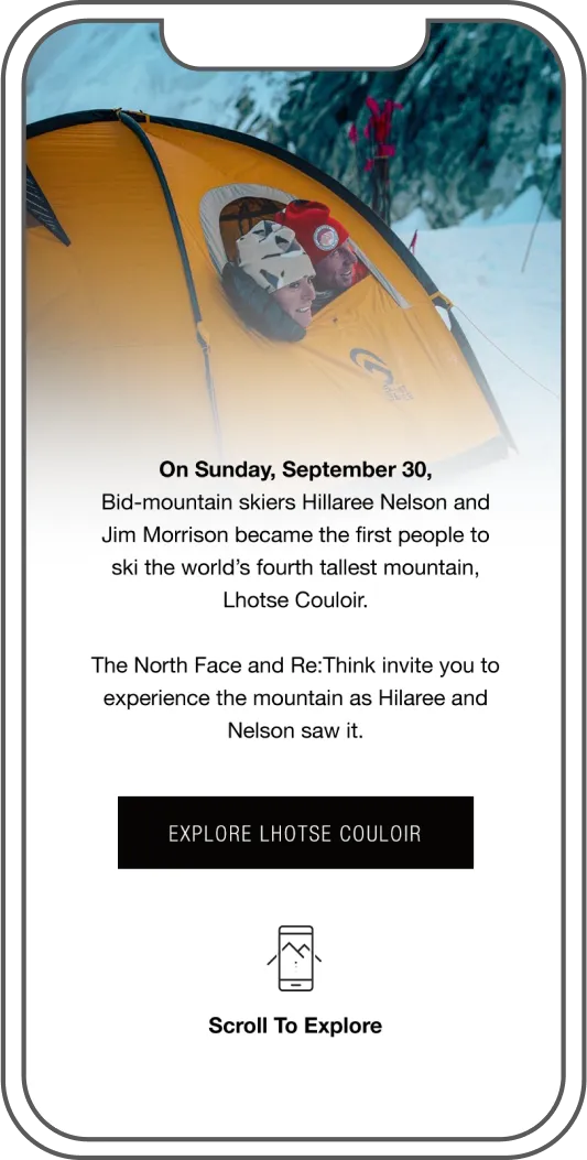 The experience's intro screen, with a photo of climbers Hilaree Nelson and Jim Morrison at camp and an invitation to explore the couloir.
