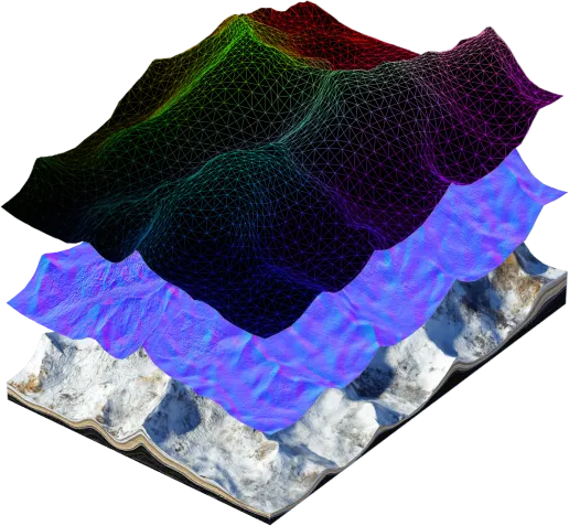 Exploded view of the terrain build: a rainbow wireframe mesh, a normal map, and the final textured model of the massif, stacked to show the pipeline.