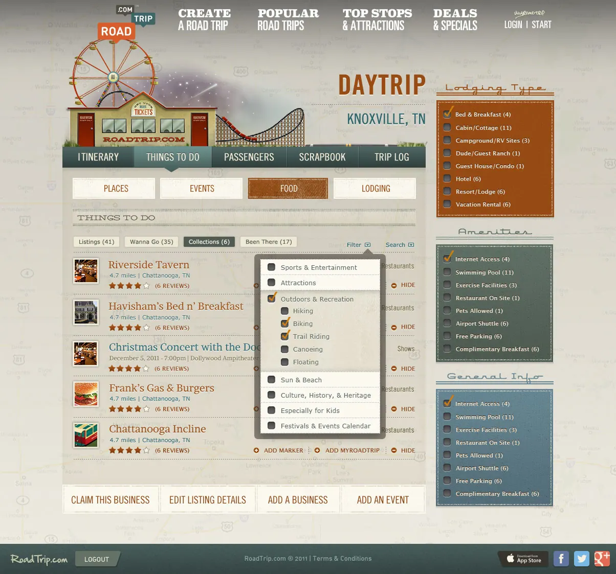 Roadtrip.com things to do listing for a Knoxville day trip.