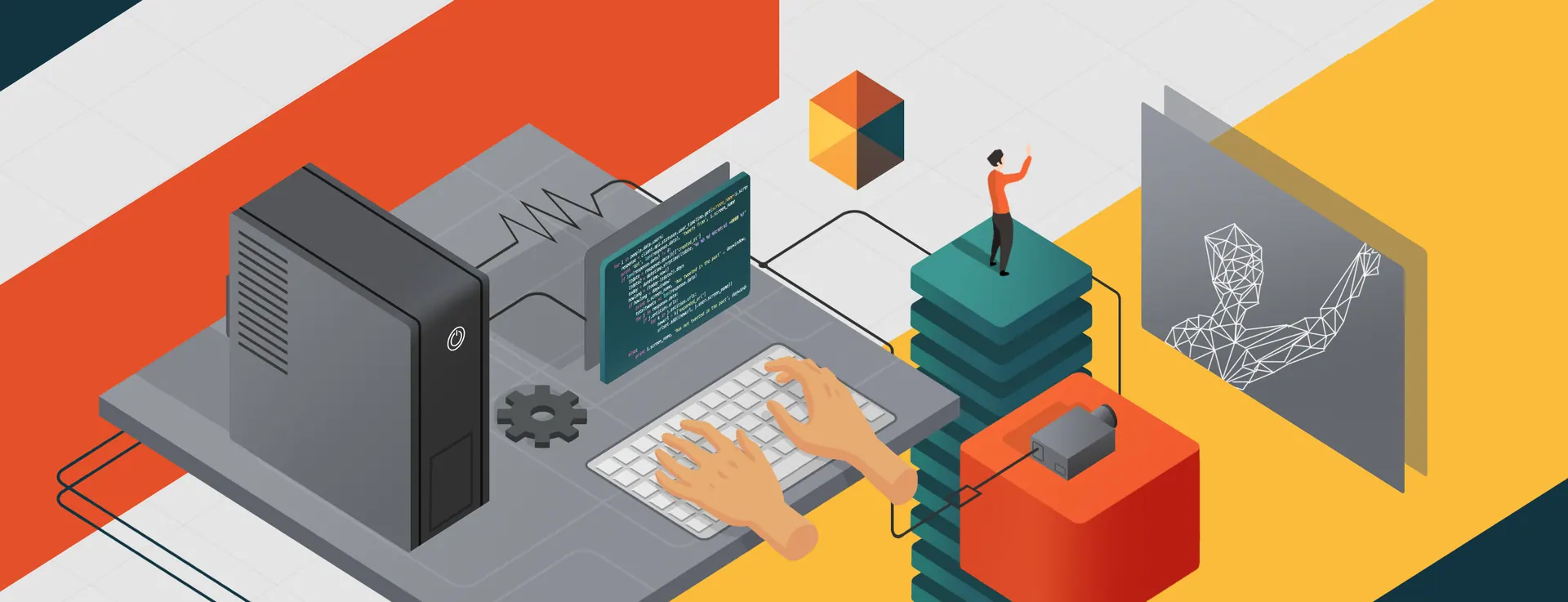 Isometric illustration of hands coding at a workstation beside a 3D figure, from Triptych's exhibit launch story