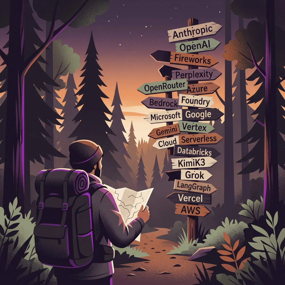 Illustrated hiker with a map facing a forest signpost crowded with AI platform names, from Anthropic and OpenRouter to Fireworks and AWS, header for Triptych's updated guide to choosing an AI platform