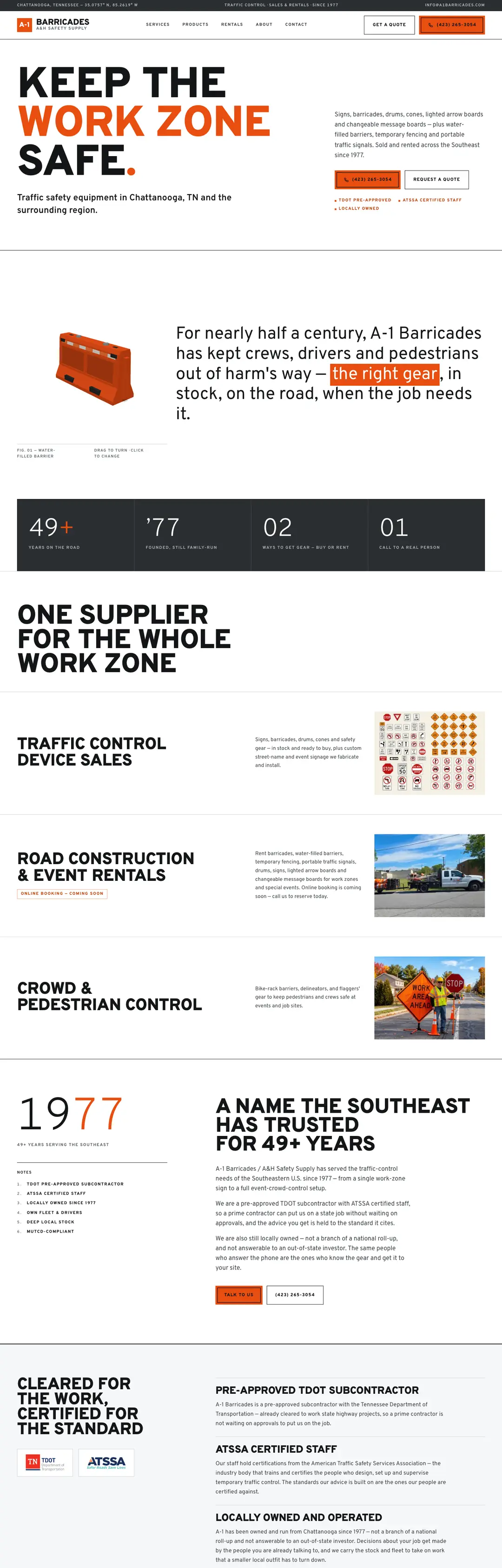 A-1 Barricades homepage on desktop, built by Triptych for the Chattanooga traffic-control supplier, reading Keep the work zone safe