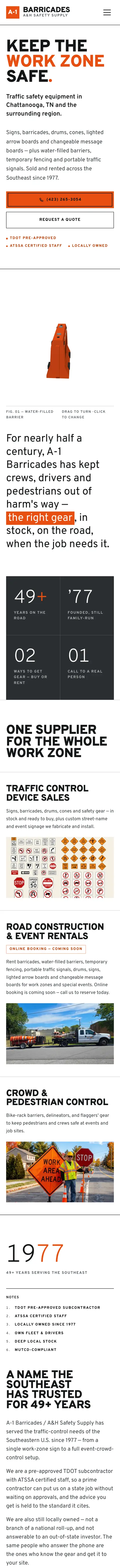A-1 Barricades homepage on a phone with call and quote buttons, built by Triptych