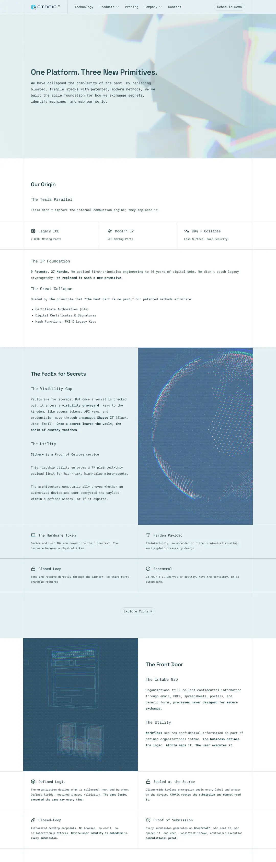 Atofia homepage on desktop with floating 3D crystals, a data-security marketing site built by Triptych