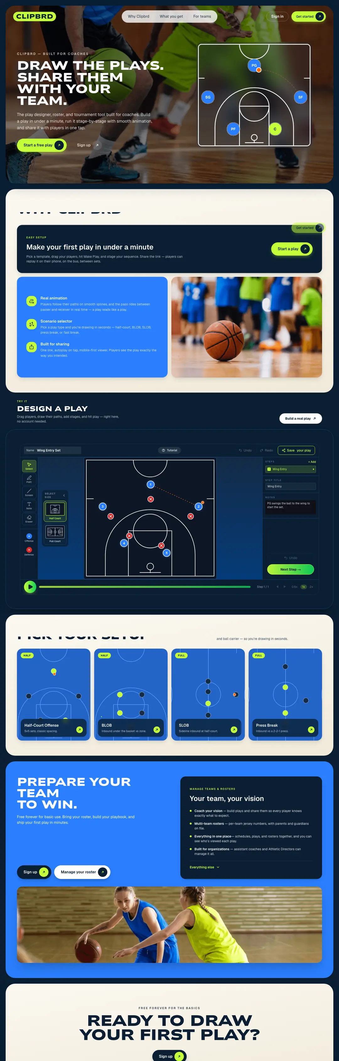 Clipbrd homepage on desktop with its animated basketball play designer, a coaching product by Triptych