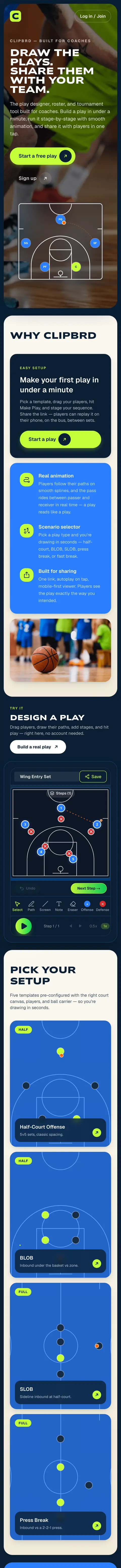 Clipbrd homepage on a phone, reading Draw the plays, share them with your team, a Triptych product