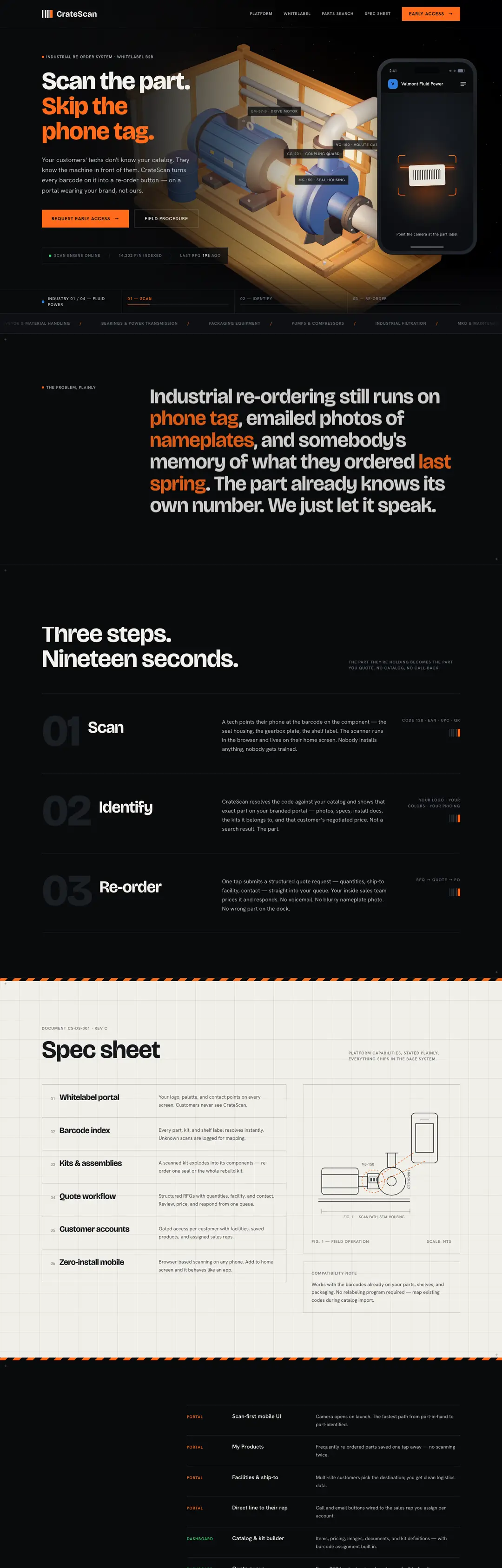 CrateScan homepage on desktop, Triptych’s scan-and-reorder platform for manufacturers, reading Scan the part, skip the phone tag