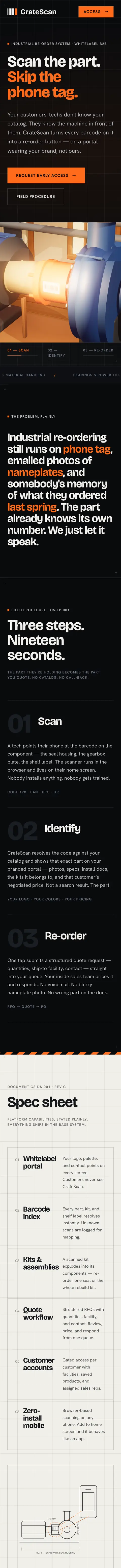 CrateScan homepage on a phone, a Triptych product