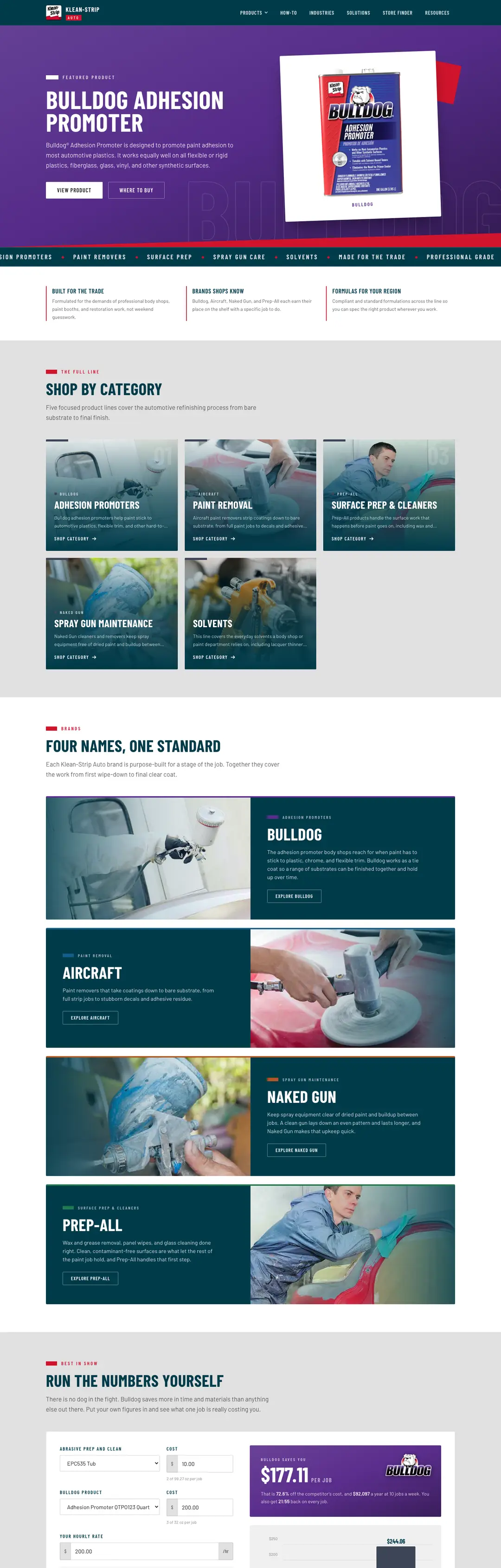 Klean-Strip Auto homepage on desktop, built by Triptych, featuring Bulldog Adhesion Promoter and the product lines
