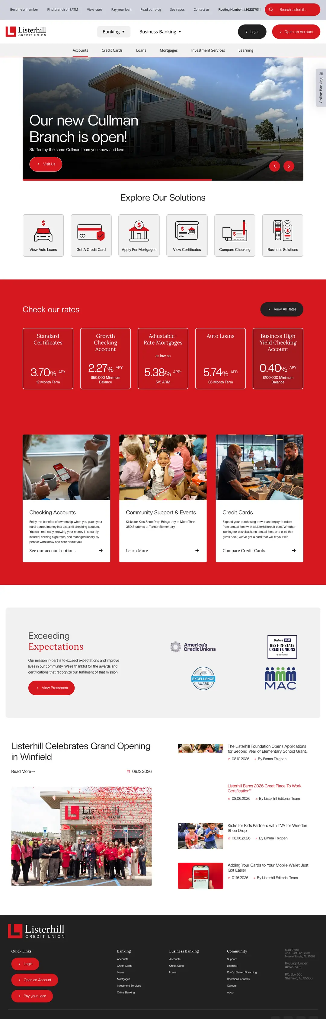 Listerhill Credit Union homepage on desktop, redesigned by Triptych, with banking navigation and a new branch announcement