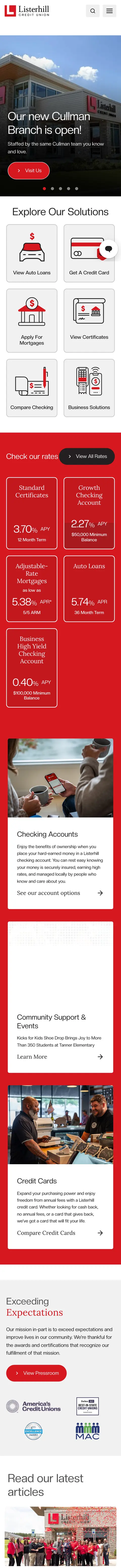 Listerhill Credit Union homepage on a phone, built by Triptych