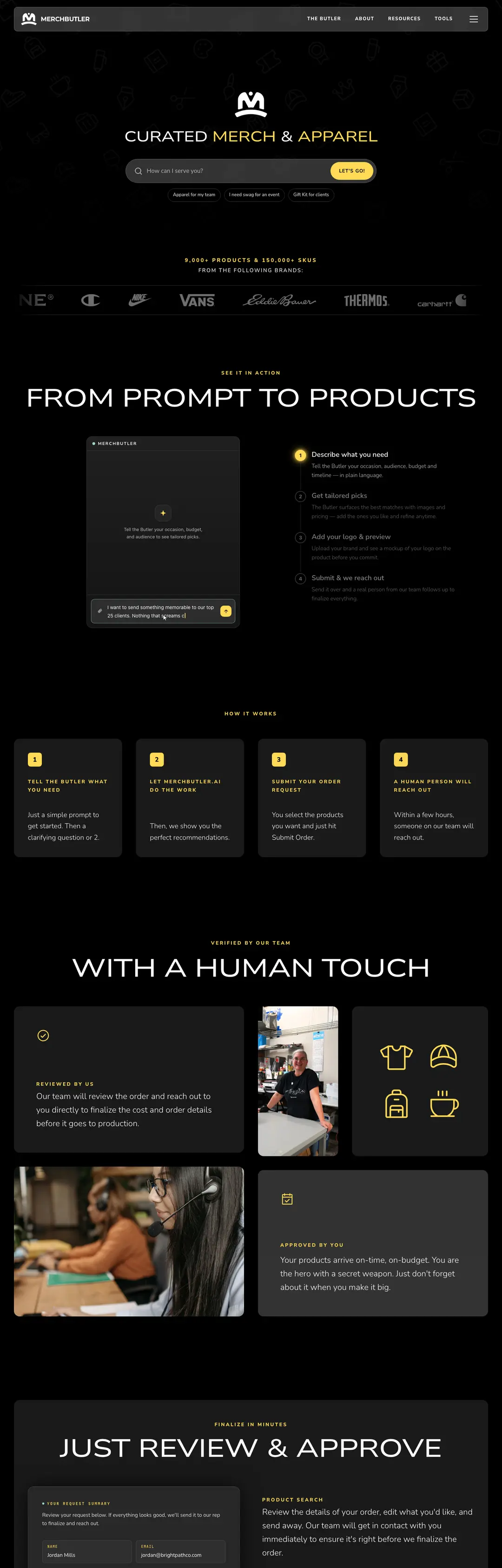 MerchButler homepage on desktop with its conversational merchandise search, an AI product built by Triptych
