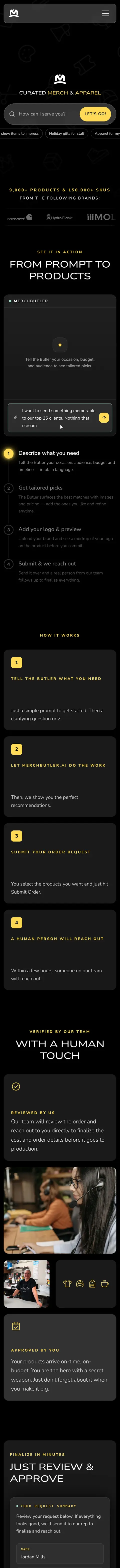 MerchButler homepage on a phone, built by Triptych