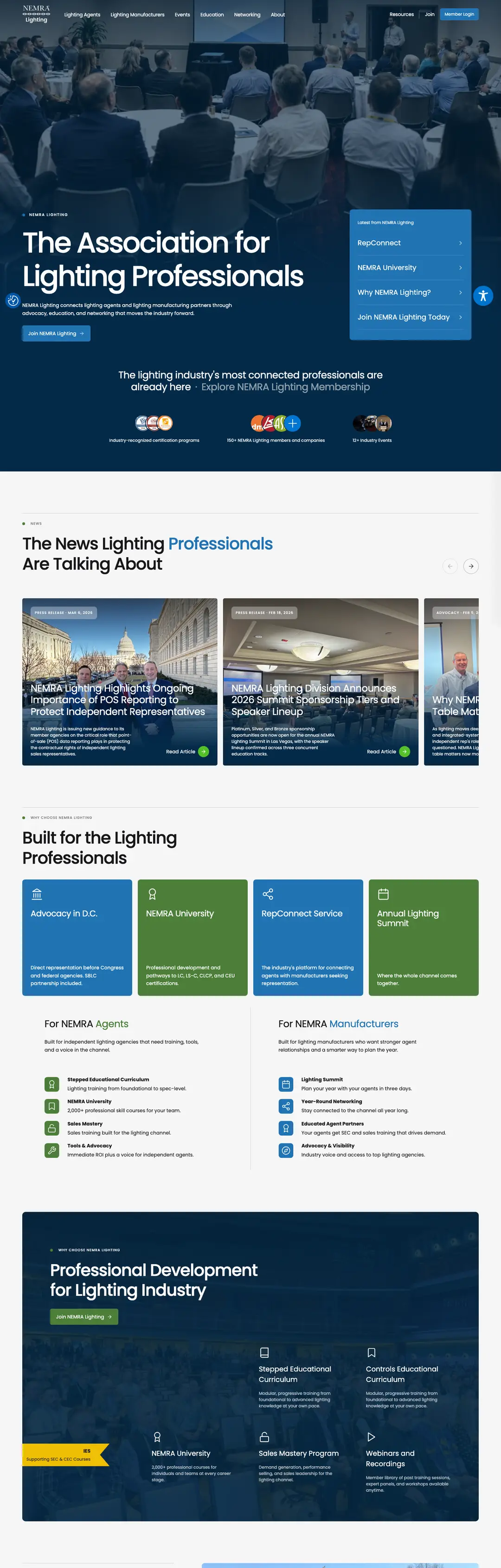 NEMRA Lighting homepage on desktop, built by Triptych for the association for lighting professionals