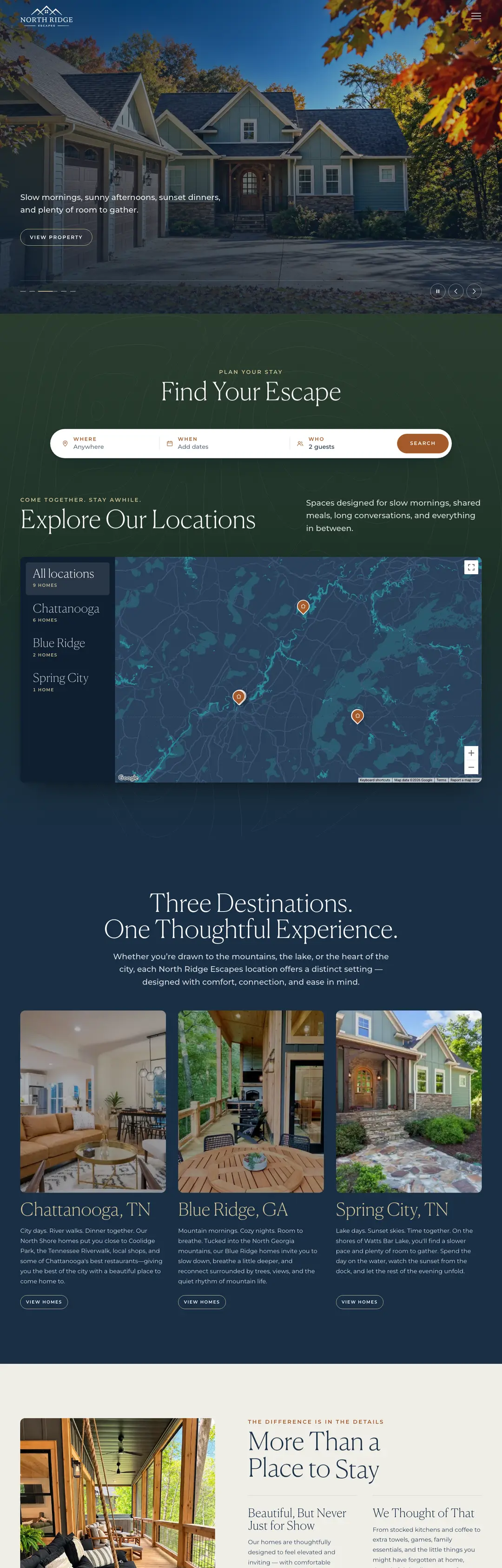 North Ridge Escapes homepage on desktop with a vacation home in autumn, a direct-booking site built by Triptych