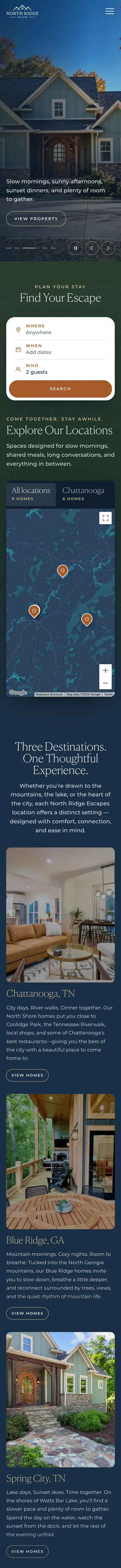 North Ridge Escapes homepage on a phone, built by Triptych for the Chattanooga vacation-rental business