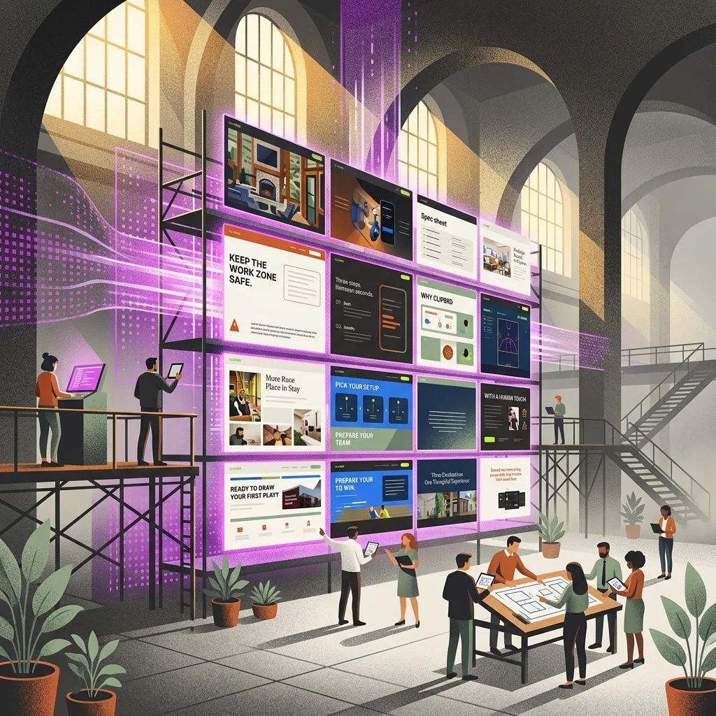 Illustrated Triptych studio in an arched hall, a scaffold wall of glowing website screens from its 2026 projects above a team reviewing plans at a drafting table