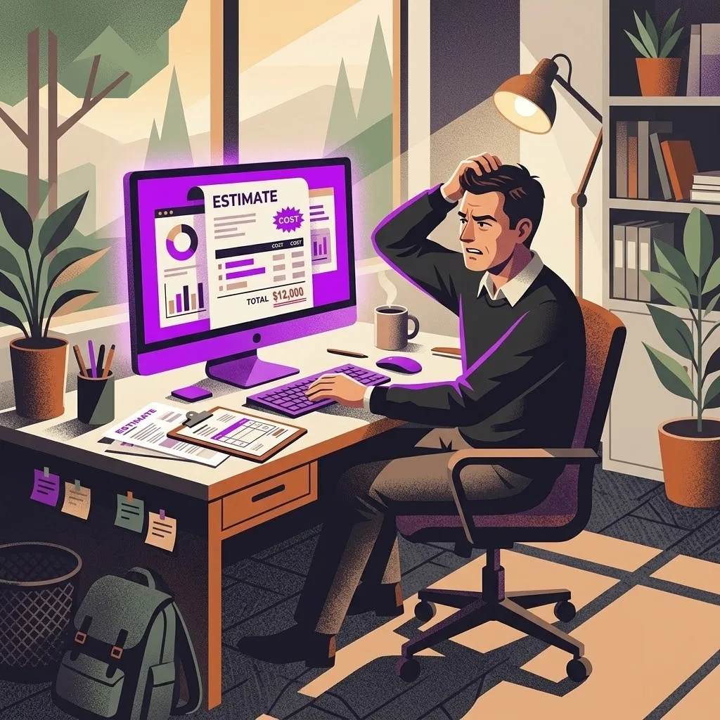 Illustrated man at his desk scratching his head at a glowing purple website estimate on his monitor, header for Triptych's article on website costs in the AI era