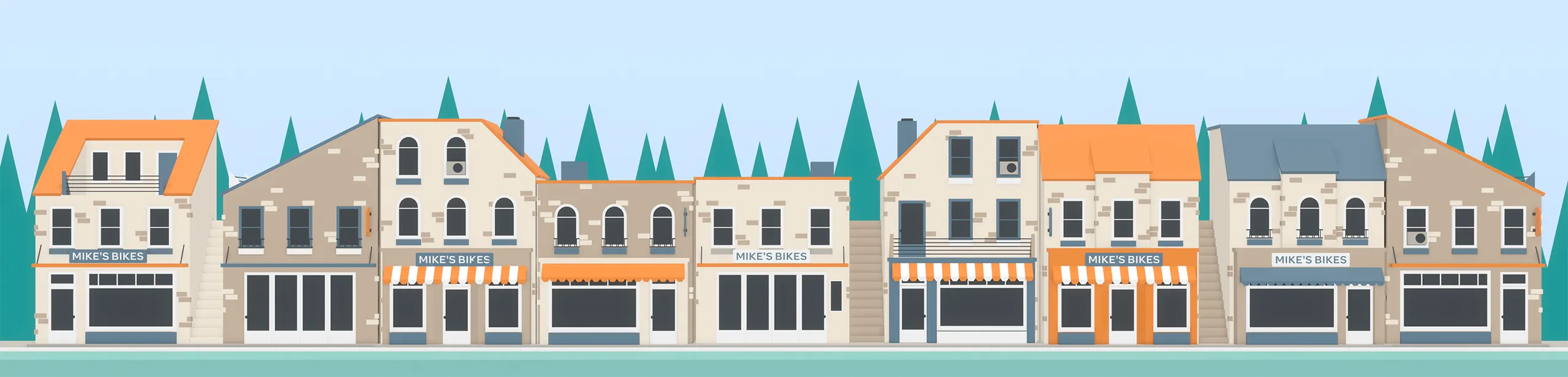 A row of Main Street buildings recolored by palette.