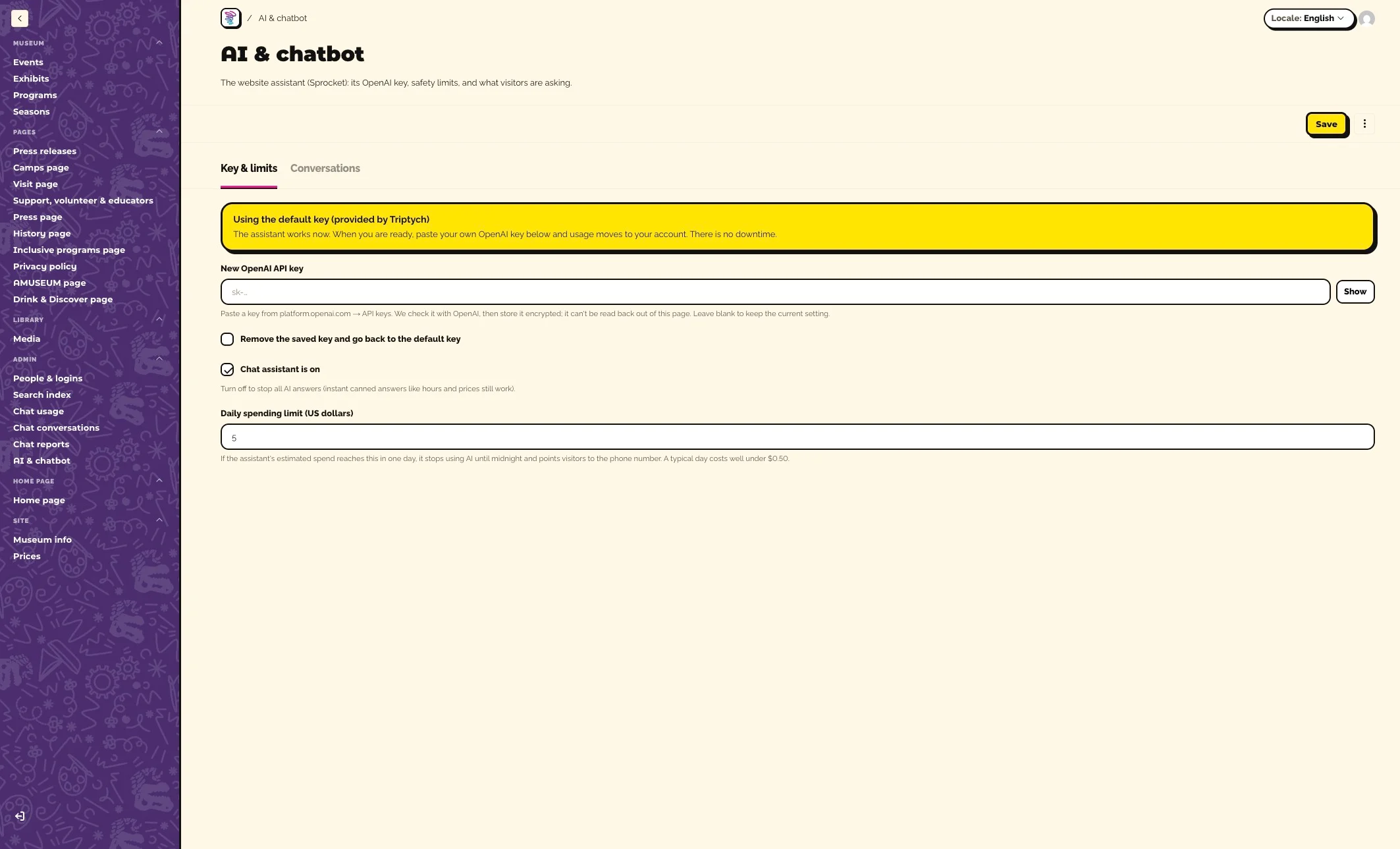 The AI and chatbot settings with the key status, a field for a new OpenAI key, the on switch, and a daily spending limit.