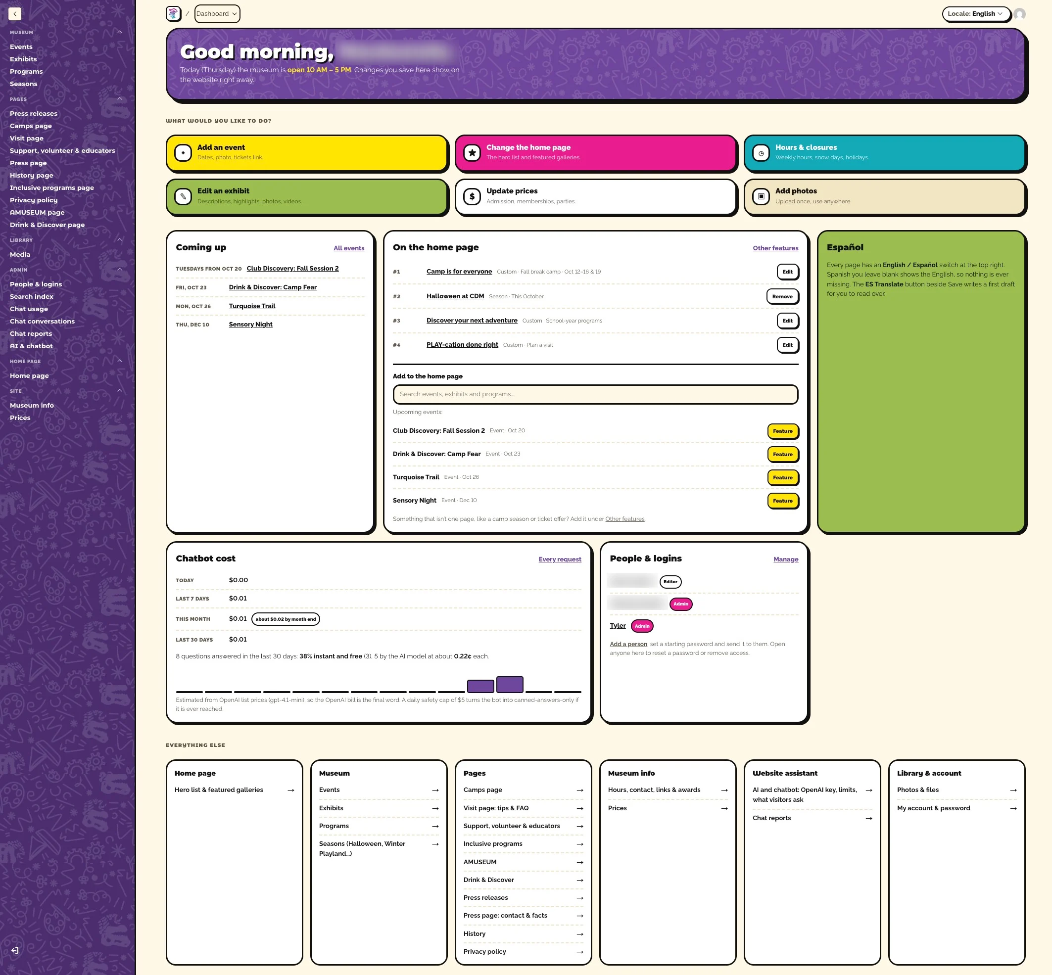 The CMS dashboard with a greeting, six colored action buttons, upcoming events, the home page list, chatbot cost, and people.
