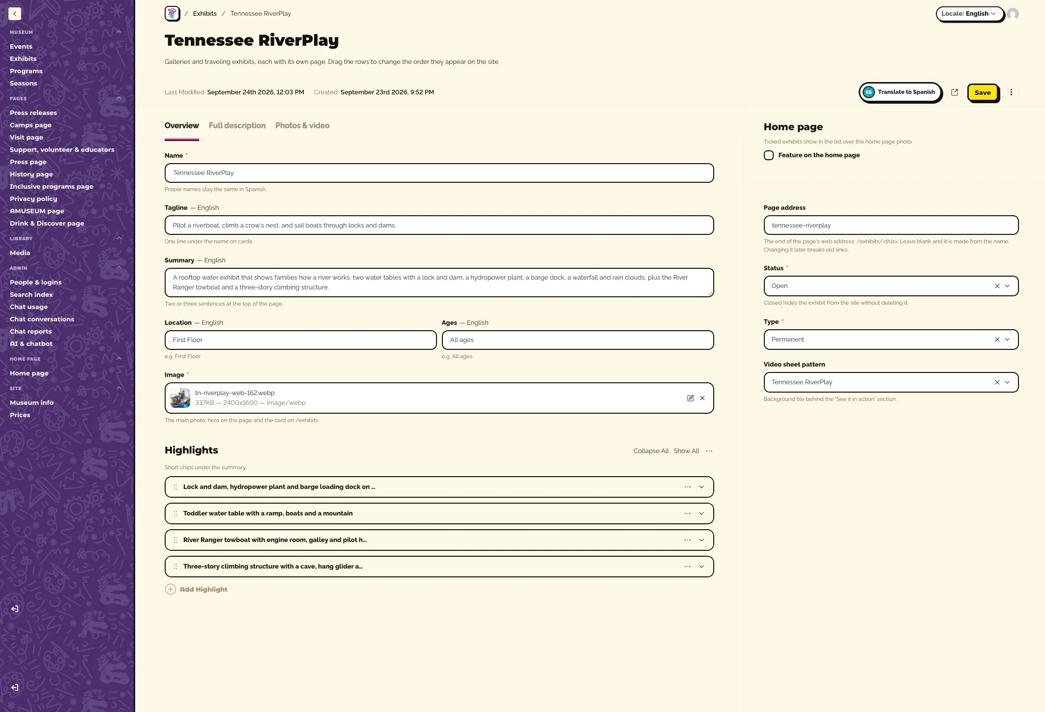 The Tennessee RiverPlay exhibit editor with name, tagline, summary, location, ages, image, highlights, and status fields.