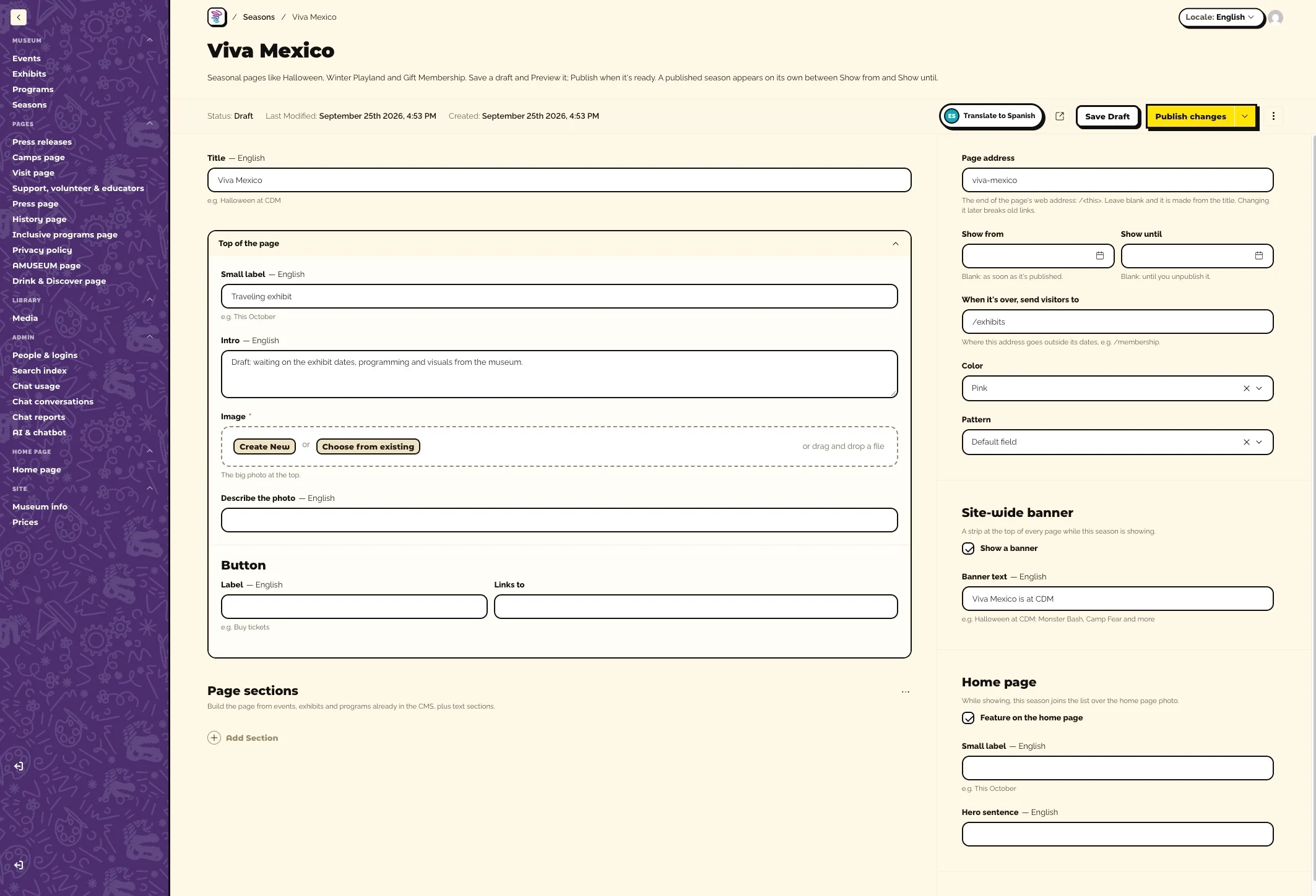 The Viva Mexico season editor in draft, with page content on the left and dates, color, pattern, banner, and home page options on the right.