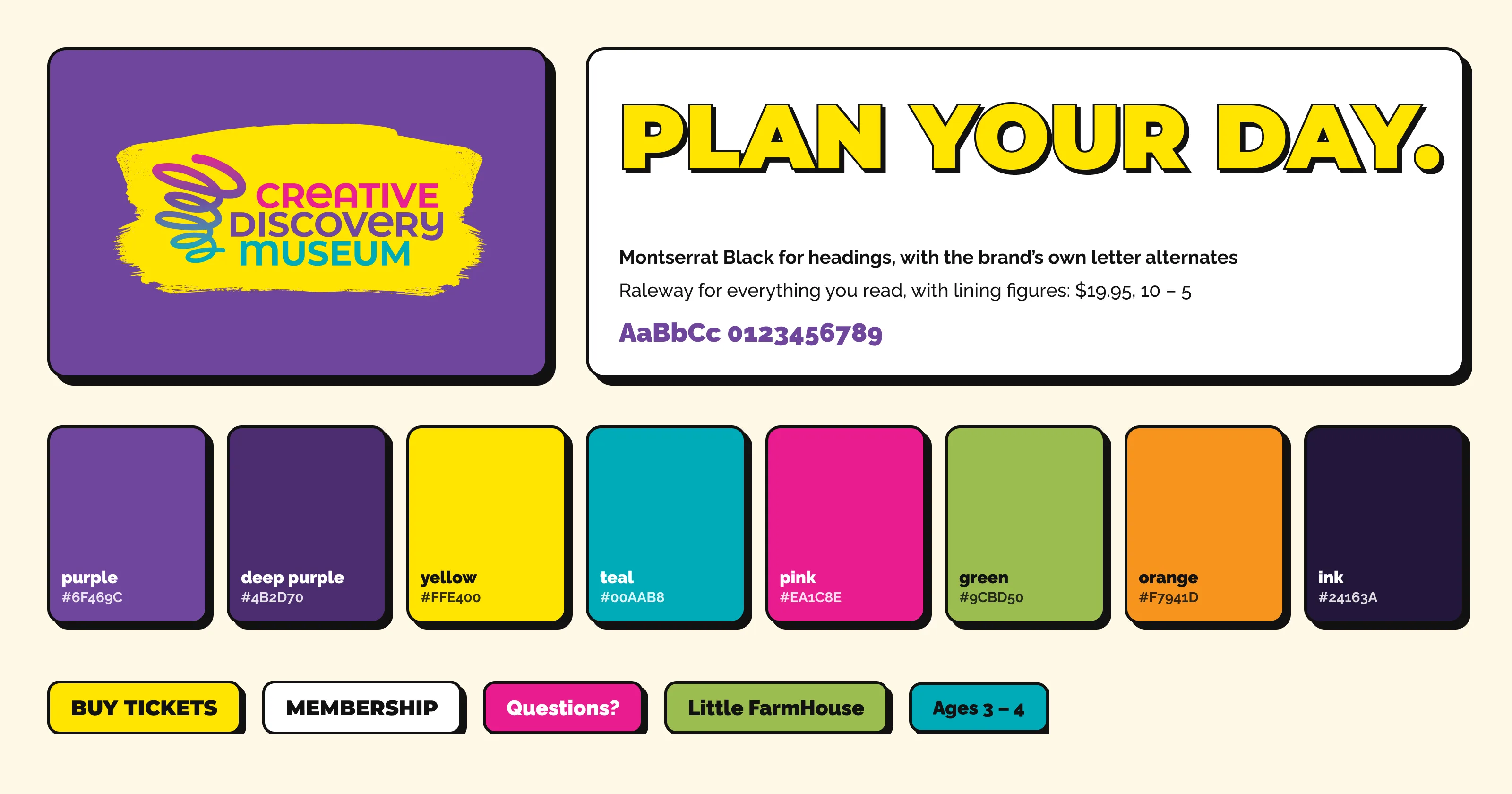 The Creative Discovery Museum logo, Montserrat and Raleway type, eight brand colors, and sticker-style buttons.