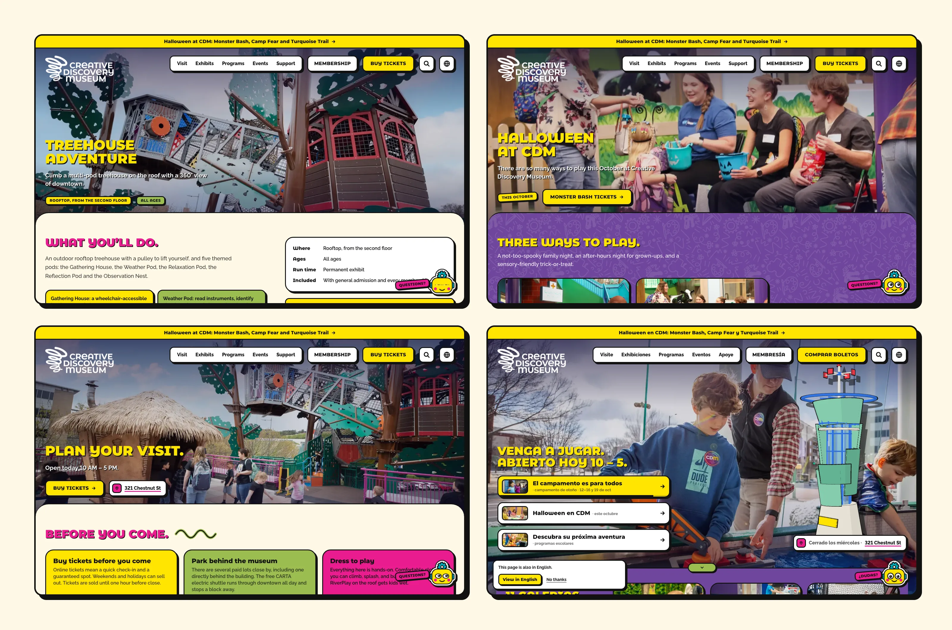 Four desktop pages: TreeHouse Adventure, Halloween at CDM, Plan a visit, and the Spanish home page.