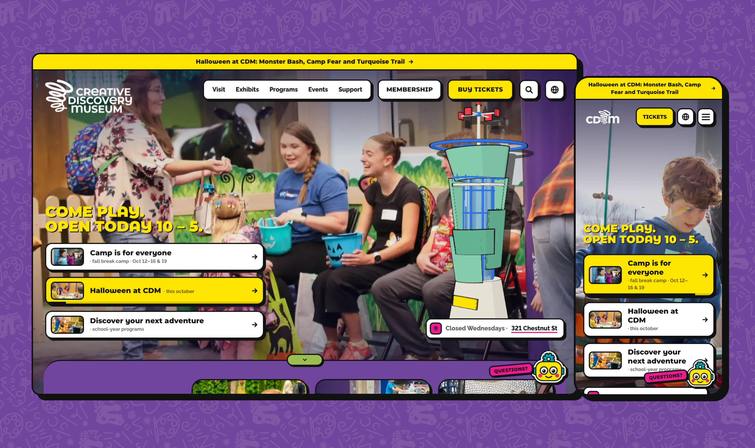 The Creative Discovery Museum home page on a desktop and a phone, over the purple house pattern.