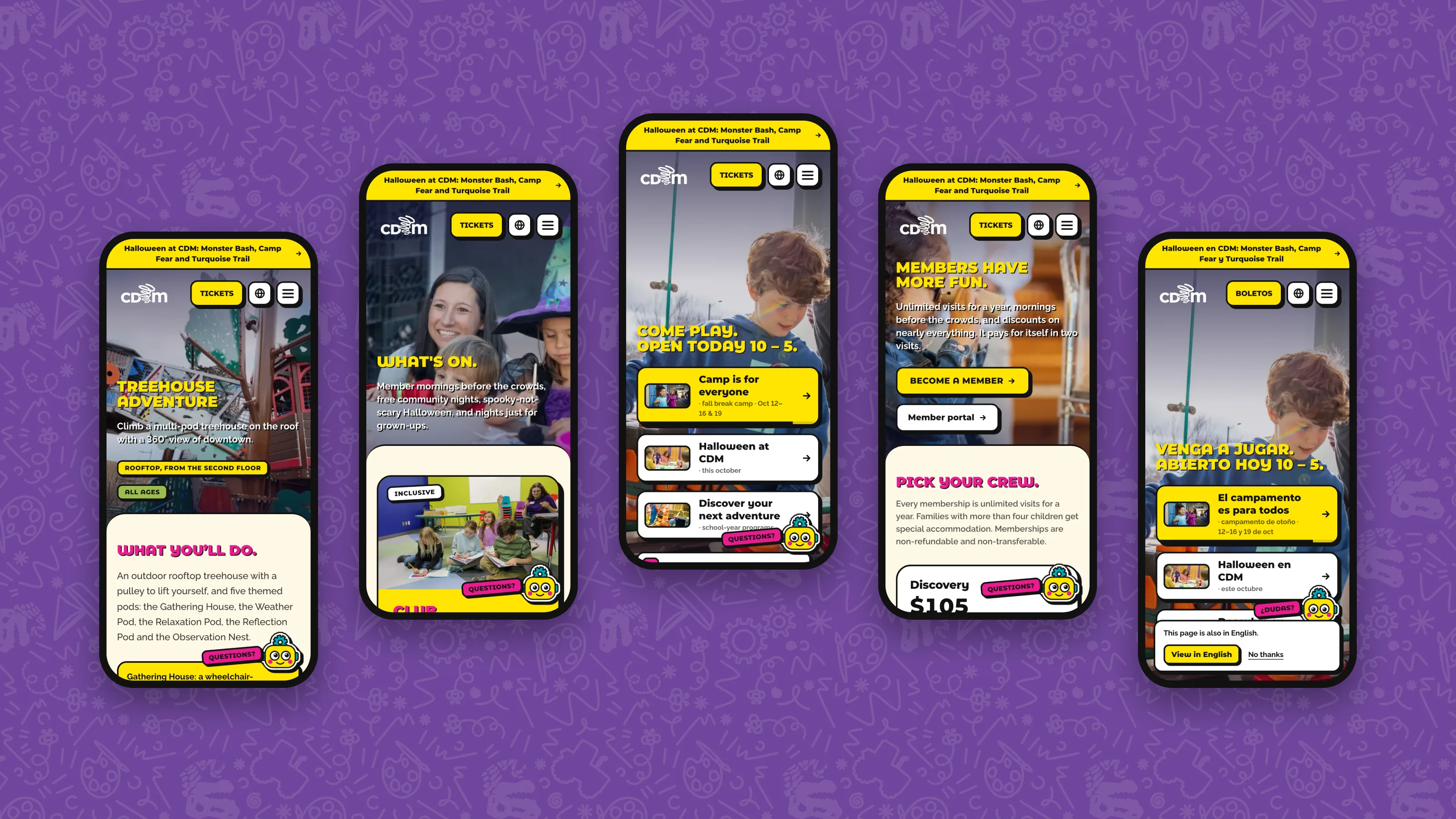 Five phones in an arch on the purple house pattern: TreeHouse Adventure, events, the home page, membership, and the Spanish home page.