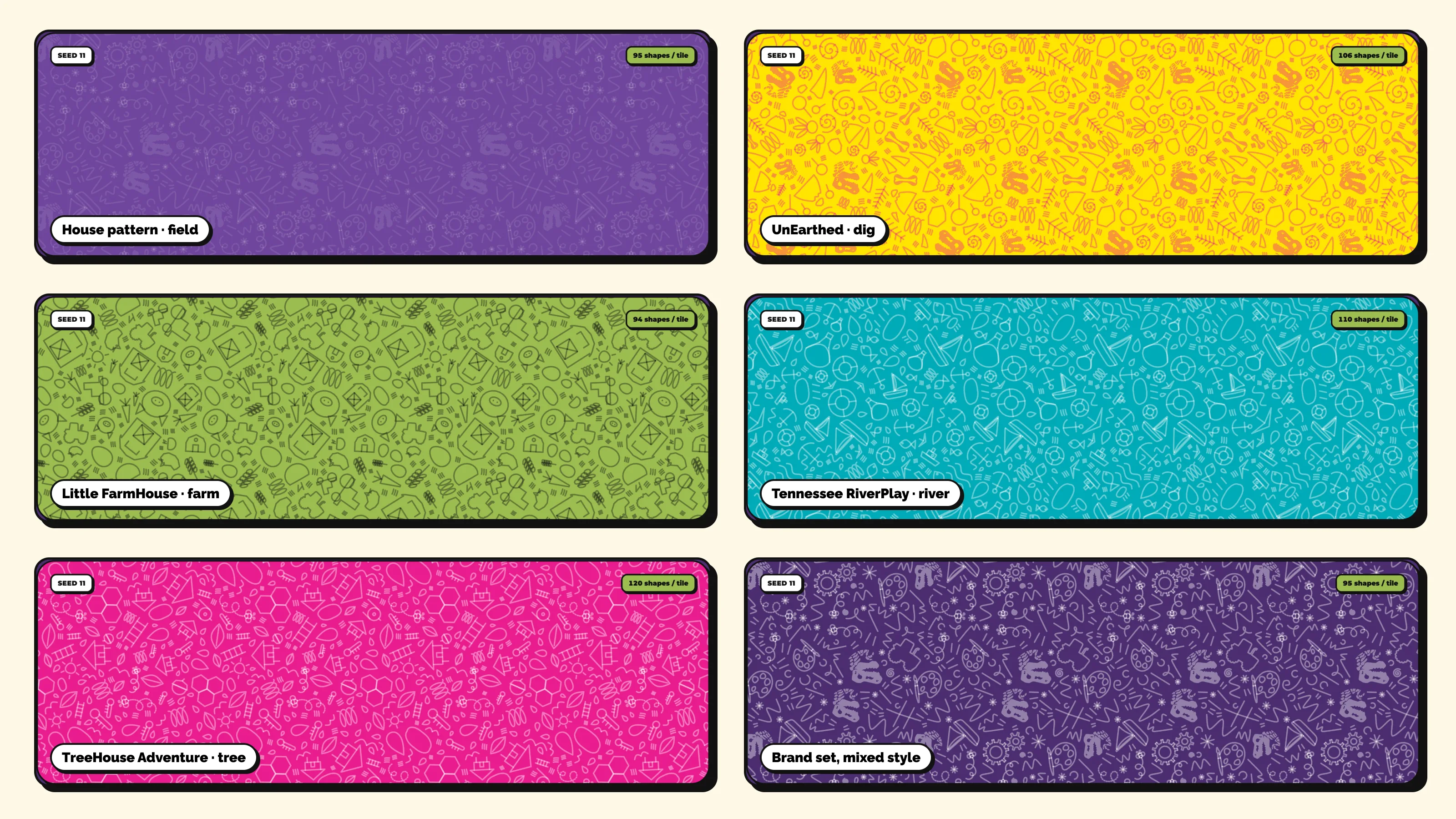 Six pattern tiles in purple, yellow, green, teal, pink, and deep purple, packed with brand icons and doodles.