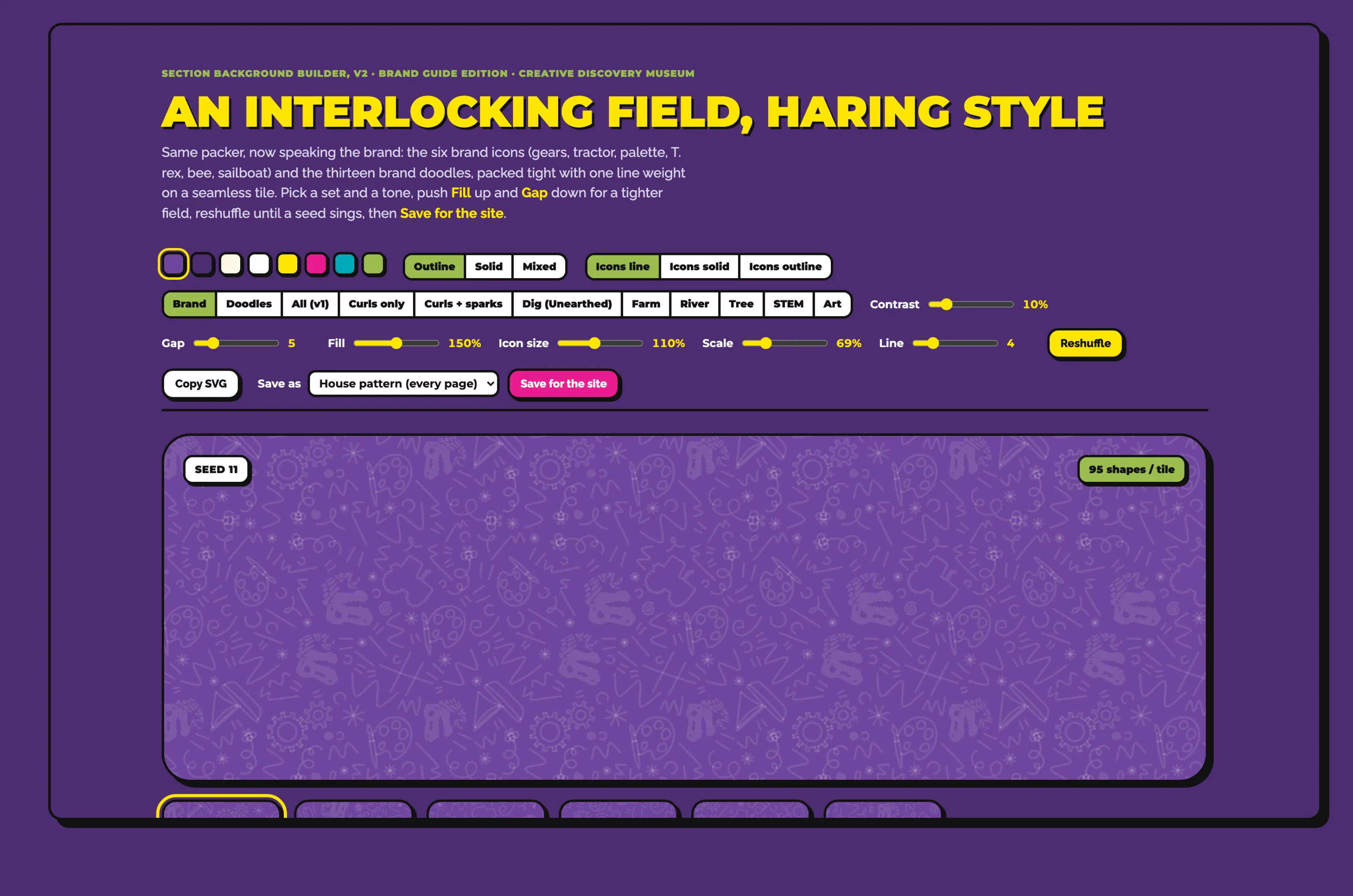 The pattern builder with tone, style, and set controls, sliders for gap, fill, size, scale, and line, and a live preview.