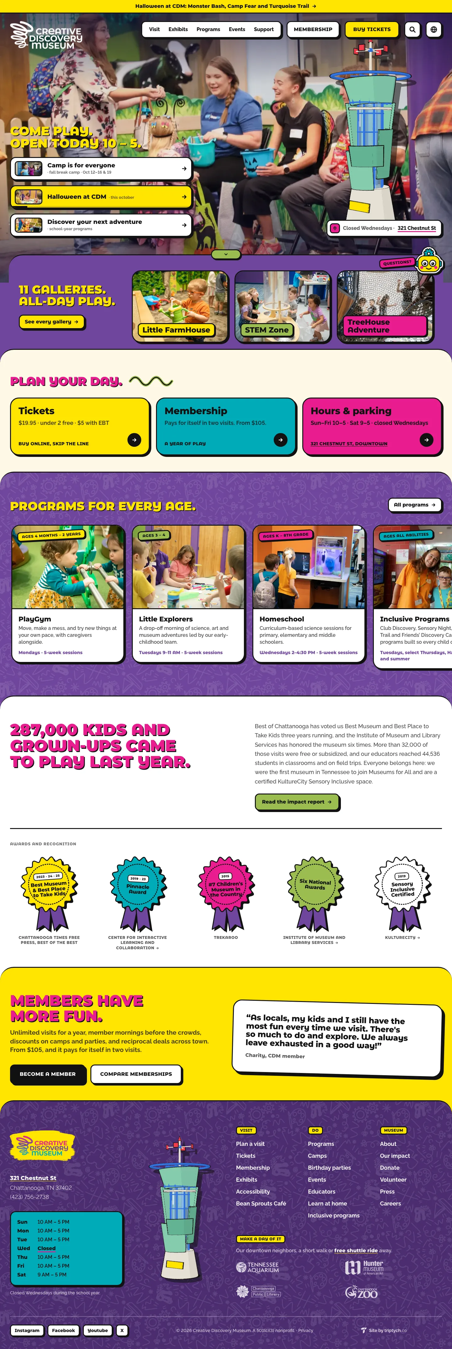 The full Creative Discovery Museum home page on a desktop, from the photo hero to the purple footer