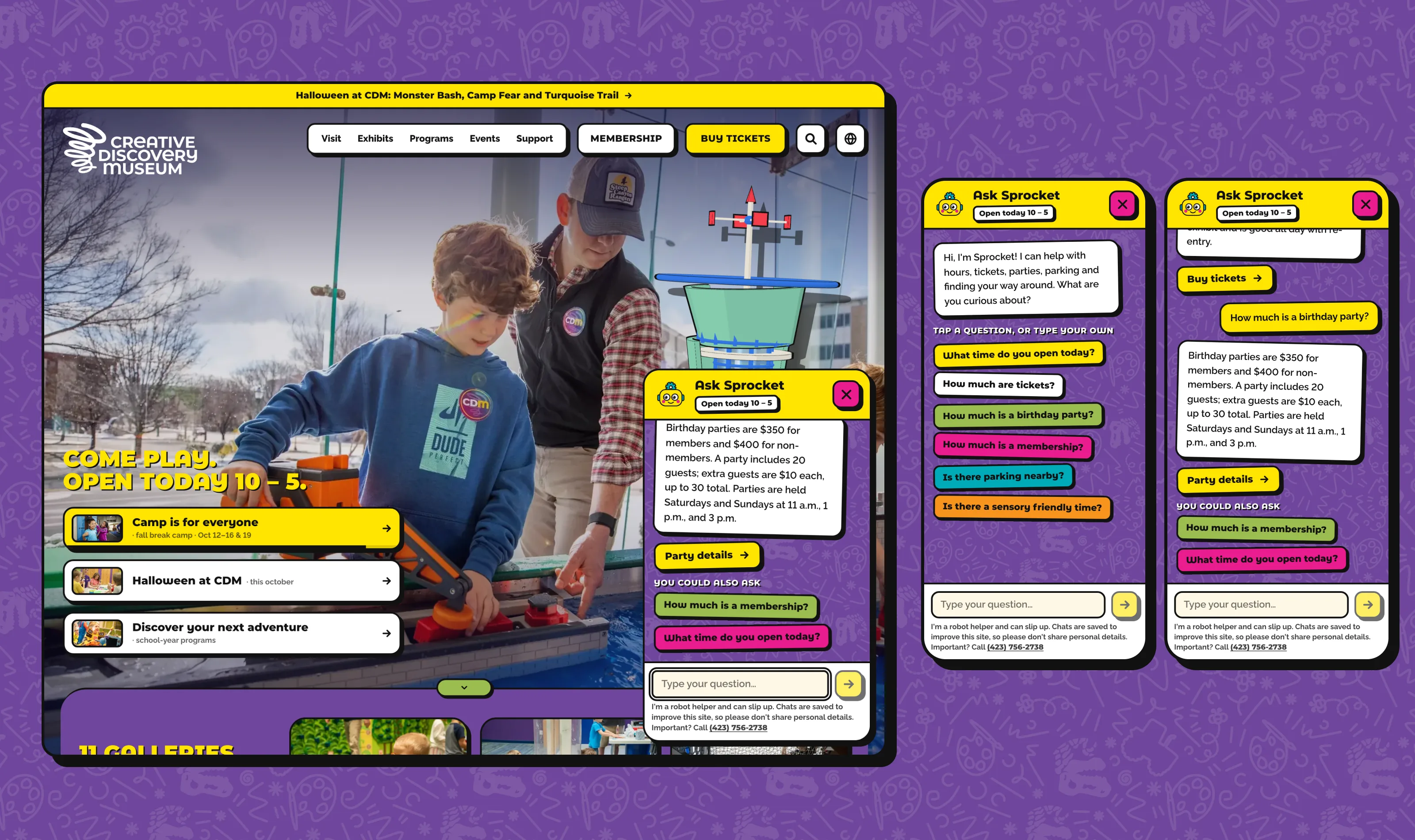 Sprocket's chat panel on the home page answering a birthday party question, beside two phone views of his greeting and a conversation.