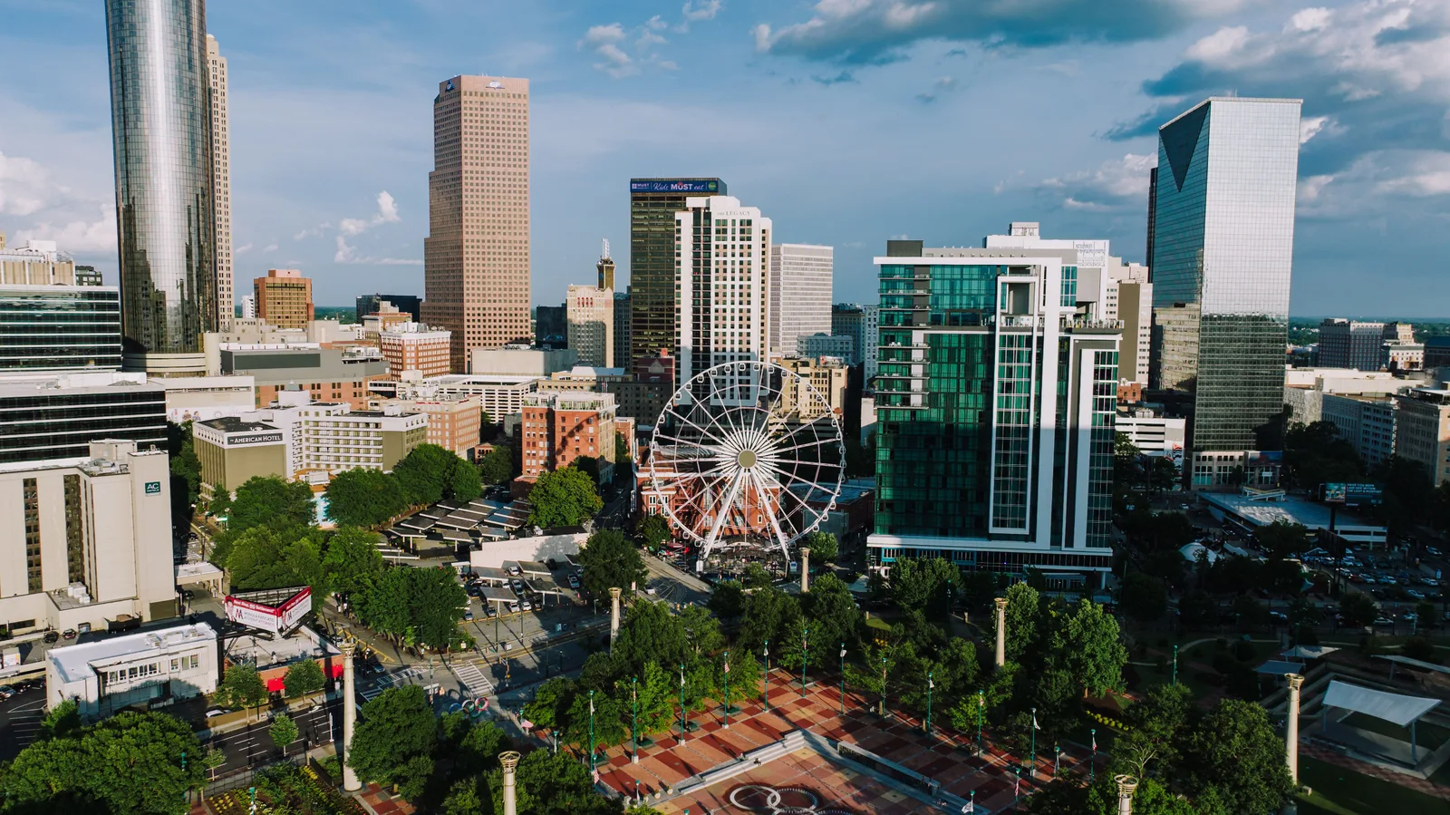 Midtown Atlanta from above, with Centennial Olympic Park and the SkyView wheel