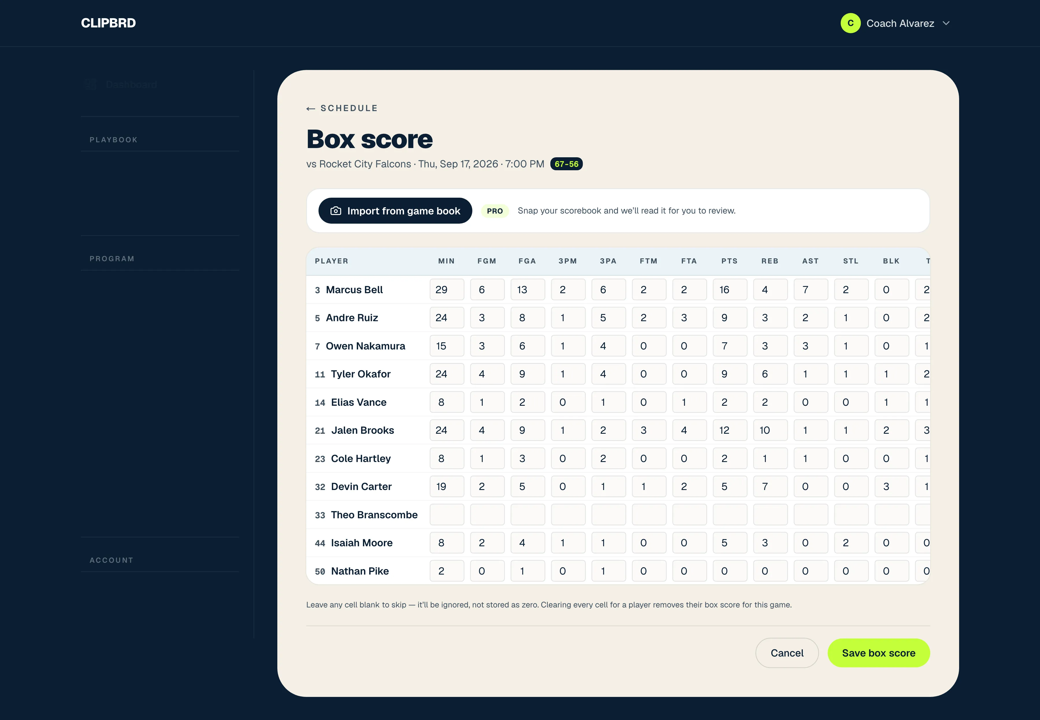 A Clipbrd box score for one game with per-player stats and the scorebook import button, using sample data