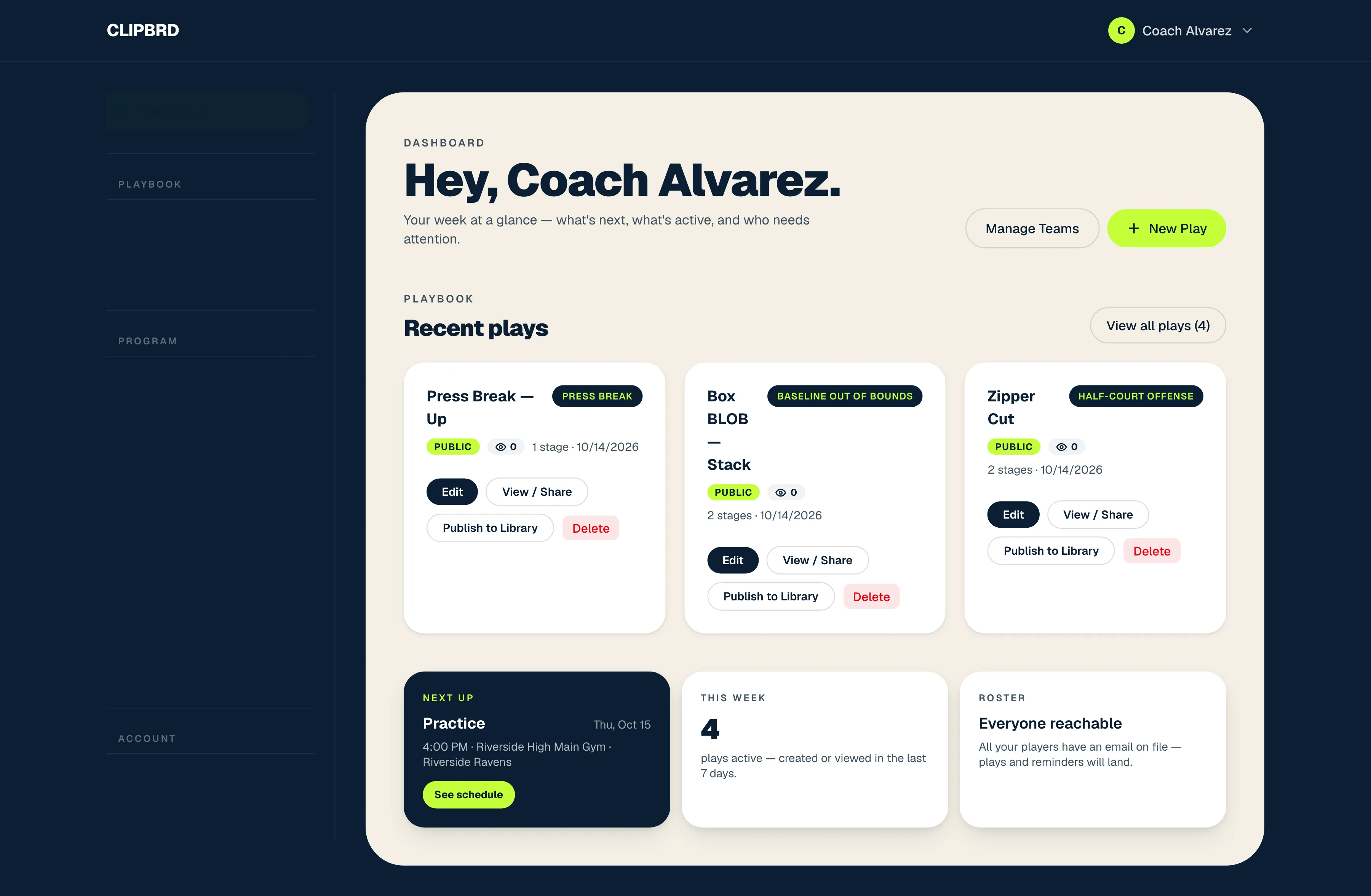 The Clipbrd coach dashboard with quick actions, recent plays, the next event and weekly activity