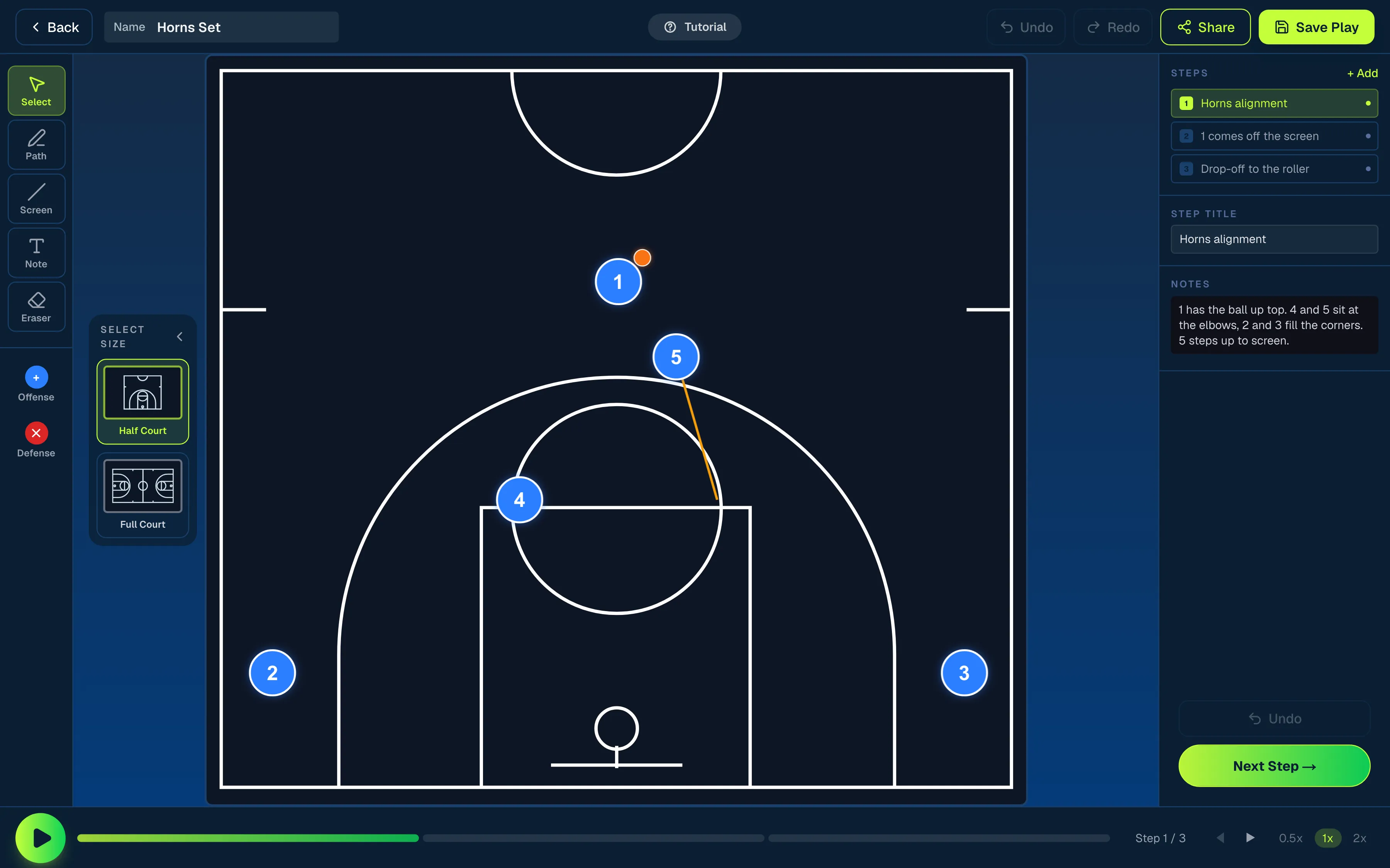 The Clipbrd play designer with a half-court set, drawing tools, stage list and playback timeline