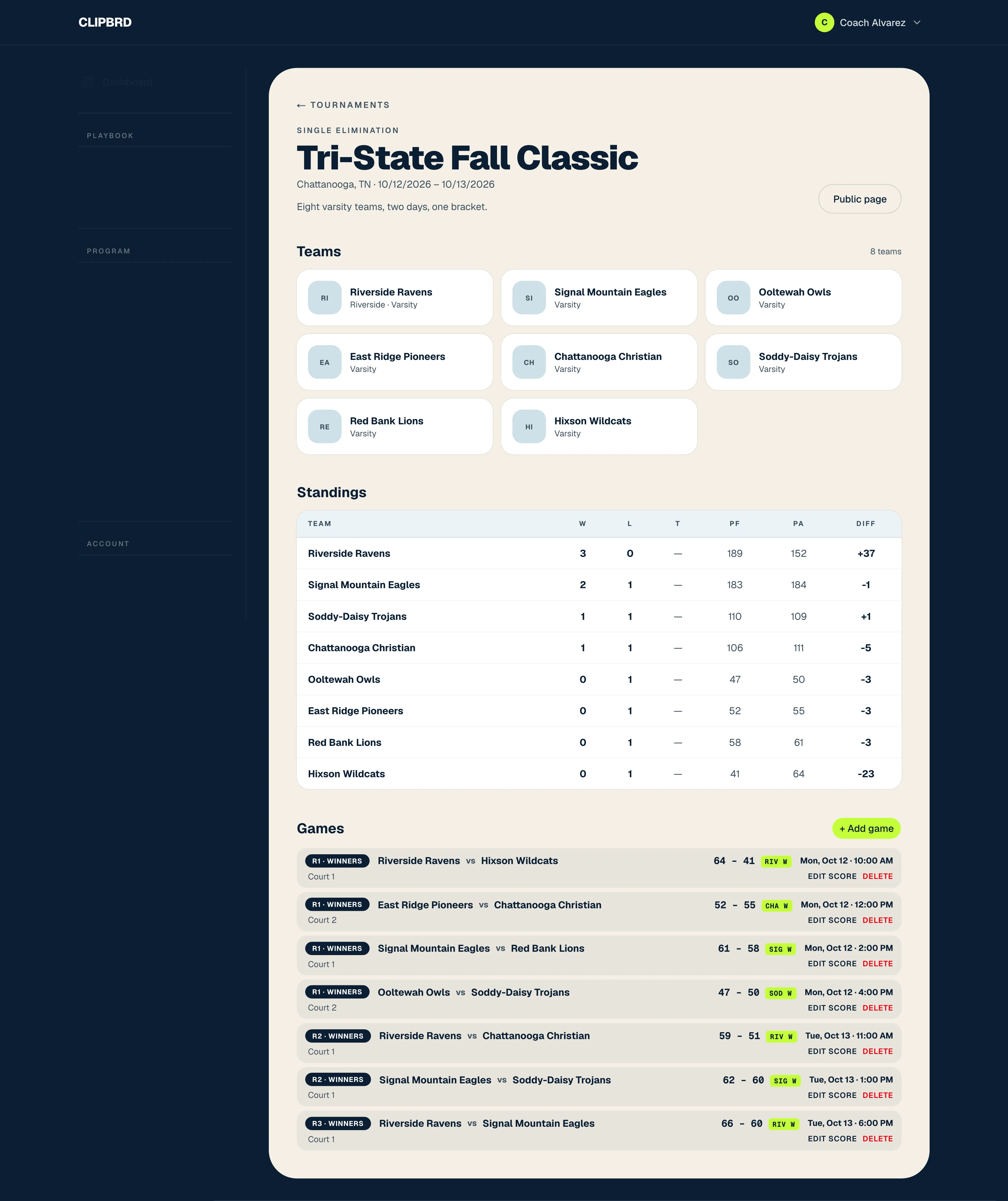 A Clipbrd single-elimination tournament page with seeded teams, standings and games by round, using sample teams