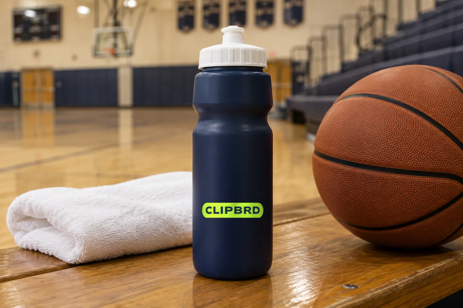 A navy squeeze bottle with the Clipbrd pill logo on a gym bench beside a basketball