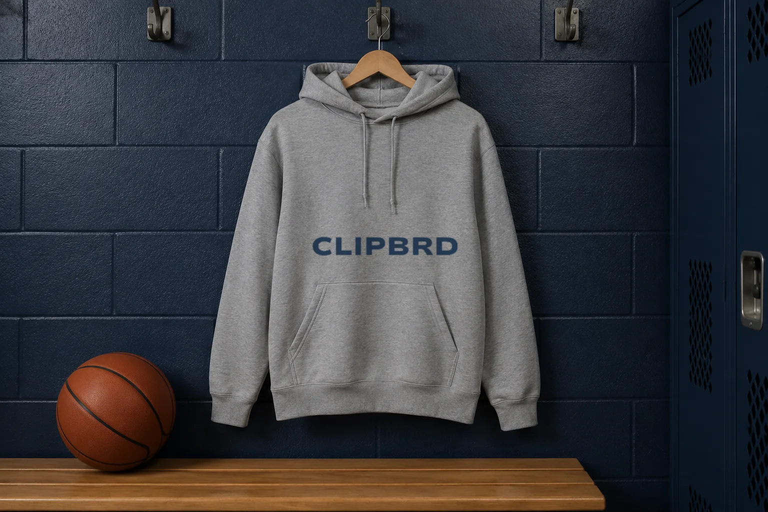 A gray hoodie screen printed with a navy Clipbrd wordmark, hanging in a locker room