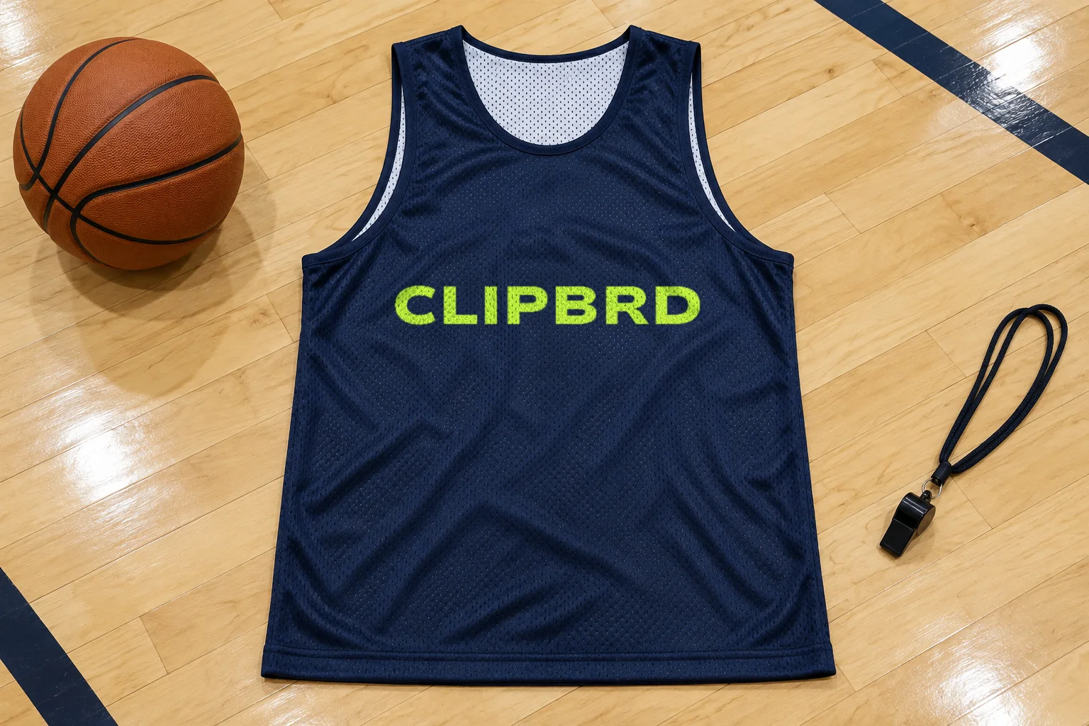A navy mesh practice jersey screen printed with the lime Clipbrd wordmark, laid flat on a gym floor