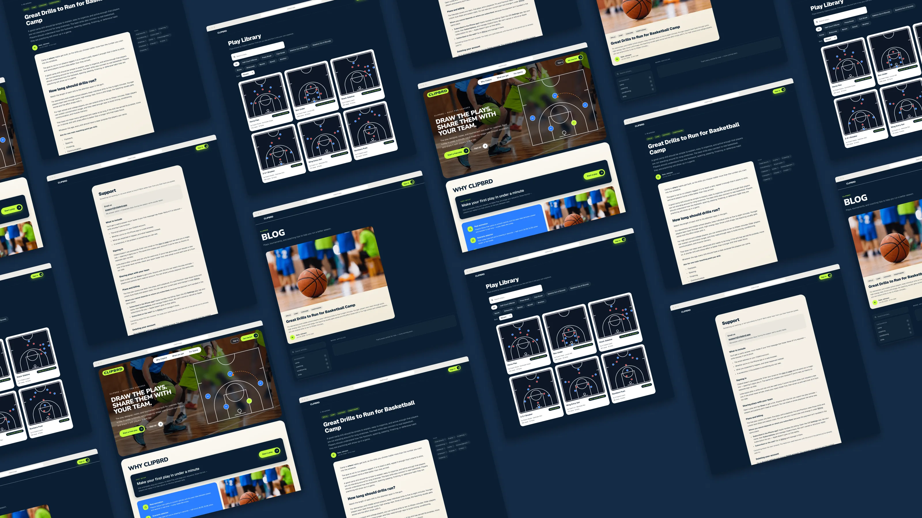 An angled array of Clipbrd pages: home, the play library, the blog, an article and support