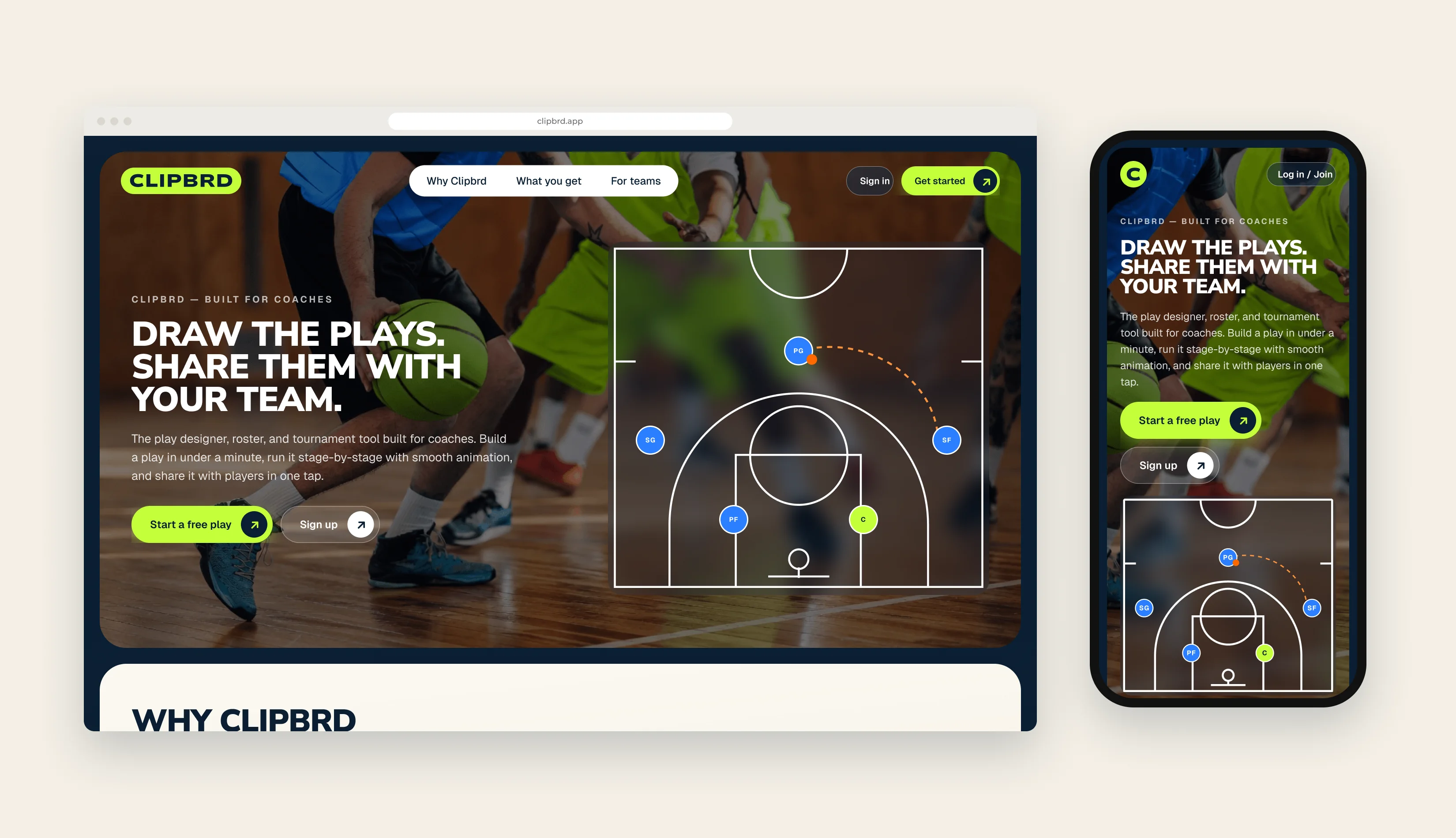 The Clipbrd homepage on a desktop browser and a phone
